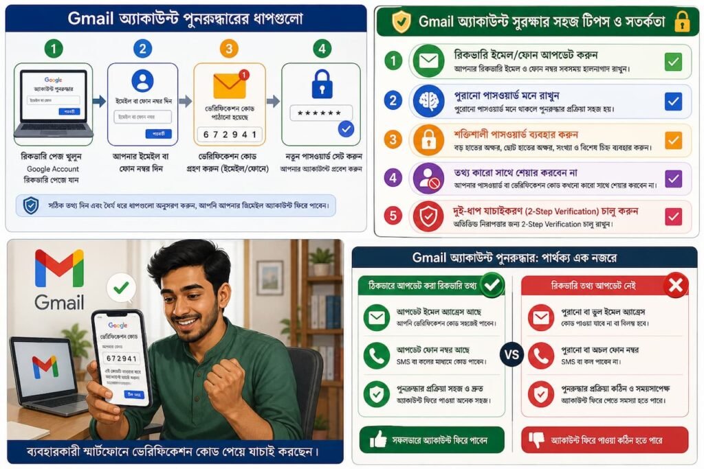 Gmail অ্যাকাউন্ট পুনরুদ্ধারের ধাপগুলো প্রদর্শনকারী ফ্লোচার্ট