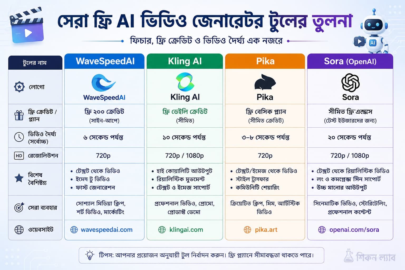 ফ্রি এআই ভিডিও টুল তুলনা ইনফোগ্রাফিক