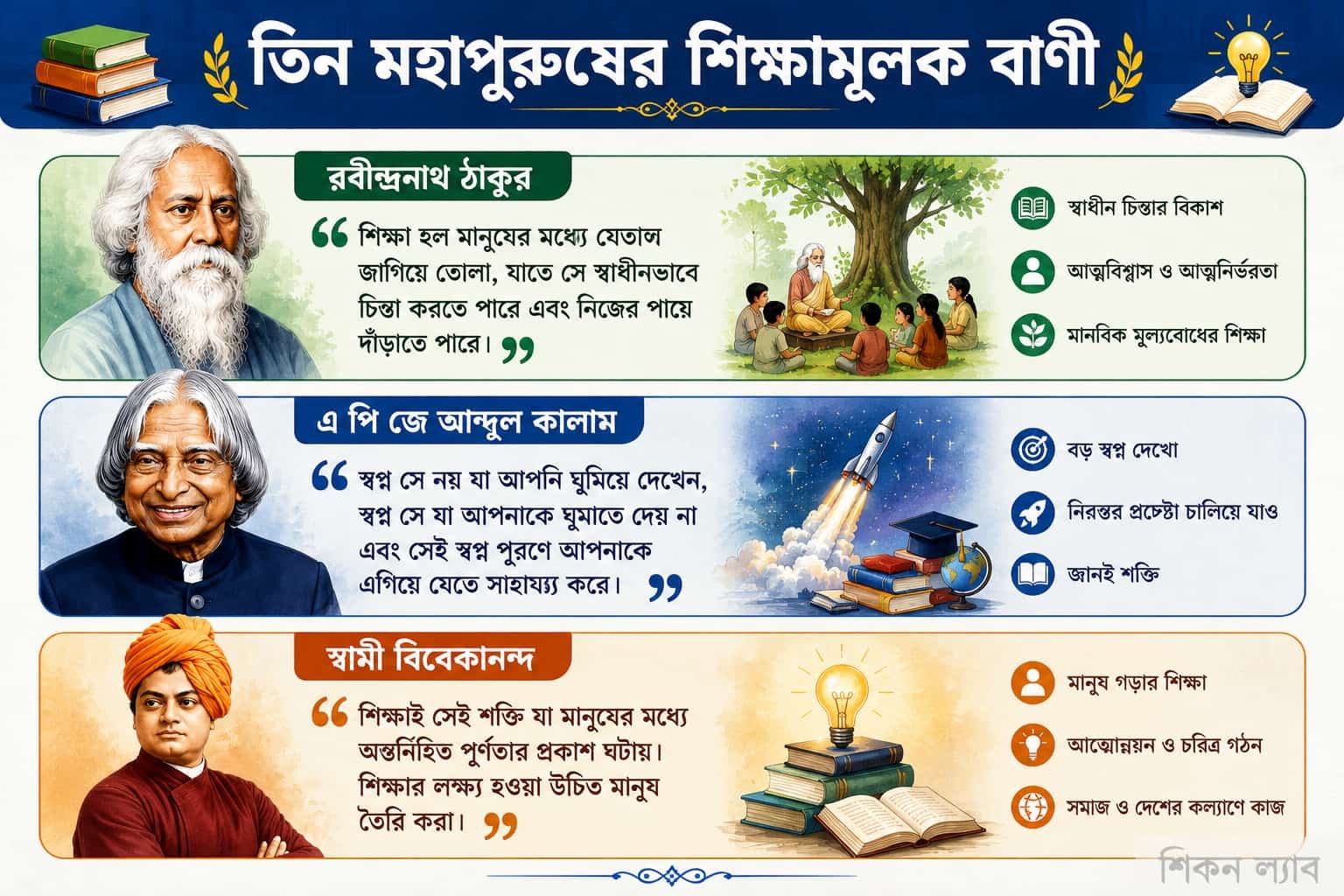 রবীন্দ্রনাথ ঠাকুর, এ পি জে আব্দুল কালাম ও স্বামী বিবেকানন্দের শিক্ষামূলক উক্তি নিয়ে ইনফোগ্রাফিক