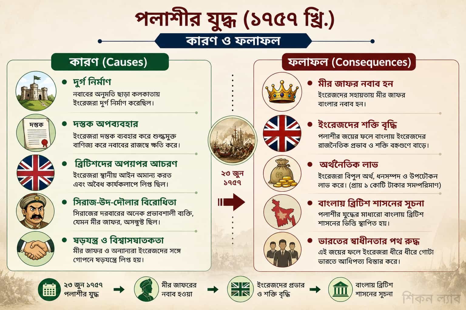 পলাশীর যুদ্ধের প্রধান কারণ এবং ফলাফলগুলি নির্দেশ করে একটি ইন্ফোগ্রাফিক।