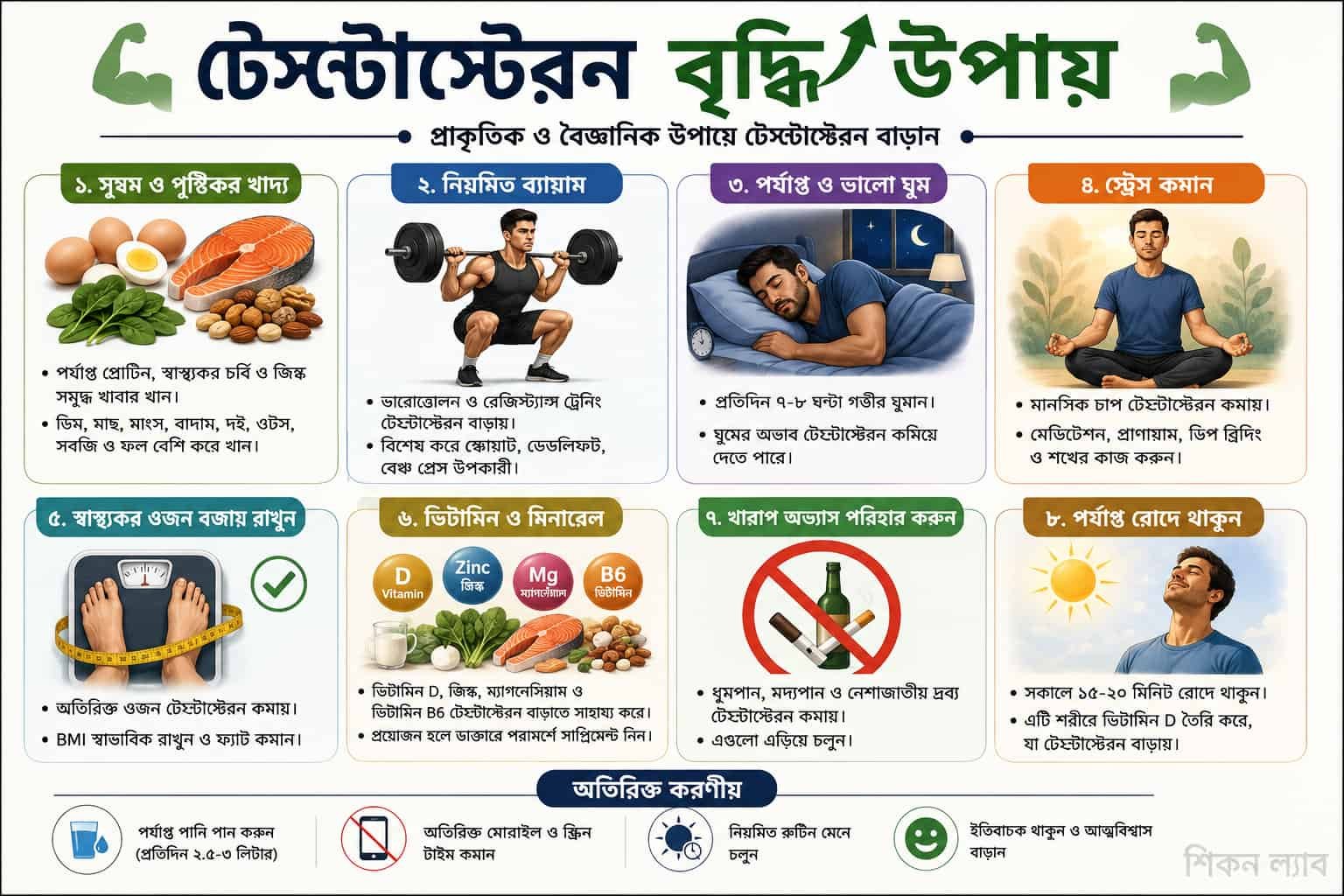 ইনফোগ্রাফিক: টেস্টোস্টেরন বৃদ্ধির জন্য সুষম খাদ্য, নিয়মিত ব্যায়াম, পর্যাপ্ত ঘুম এবং স্ট্রেস কমানোর টিপস