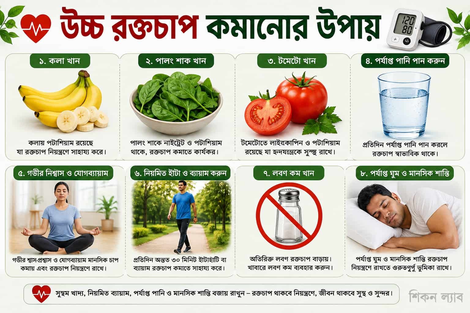 উচ্চ রক্তচাপ কমানোর জন্য ফল, সবজি, পানি, ব্যায়াম ও লবণ কমানোর মত সহজ ঘরোয়া পরামর্শসমূহ।