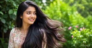 চুল পড়া বন্ধ করার উপায় – সুন্দর, স্বাস্থ্যবান সঞ্চারিত কালো চুল বিশিষ্ট তরুণী