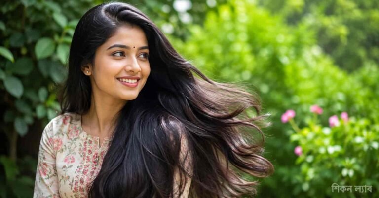 চুল পড়া বন্ধ করার উপায় – সুন্দর, স্বাস্থ্যবান সঞ্চারিত কালো চুল বিশিষ্ট তরুণী