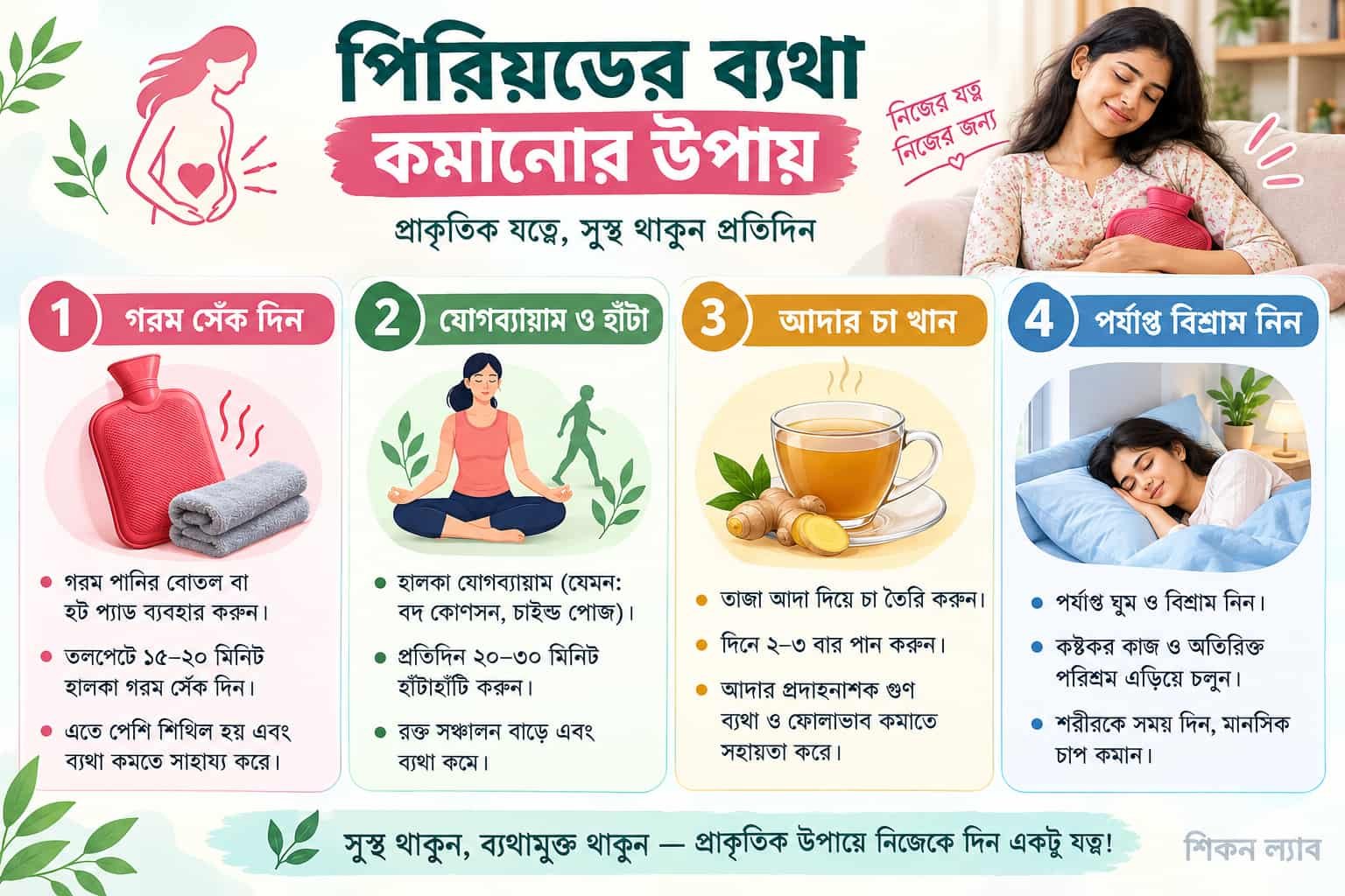 পিরিয়ডের ব্যথা উপশমে গরম সেঁক, ব্যায়াম, আদার চা এবং বিশ্রাম সহ ঘরোয়া টিপস।